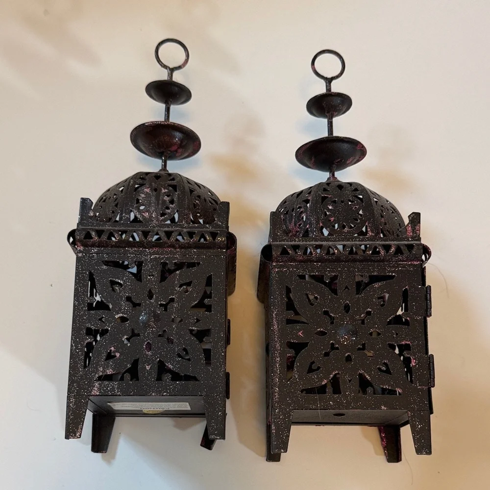 Pair of Black Metal Hanging Lanterns with Subtle Pink Accents
